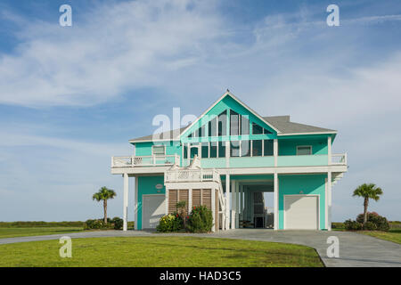 Stilt Houses and Beach, Bolivar Peninsula, TX. Crystal Beach is an Unincorporated community in the Bolivar Peninsula census-designated place, in Galveston County, Texas, United States. Stock Photo