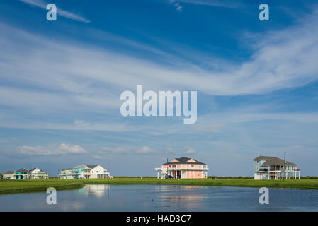 Stilt Houses and Beach, Bolivar Peninsula, TX. Crystal Beach is an Unincorporated community in the Bolivar Peninsula census-designated place, in Galveston County, Texas, United States. Stock Photo