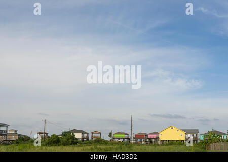 Stilt Houses and Beach, Bolivar Peninsula, TX. Crystal Beach is an Unincorporated community in the Bolivar Peninsula census-designated place, in Galveston County, Texas, United States. Stock Photo