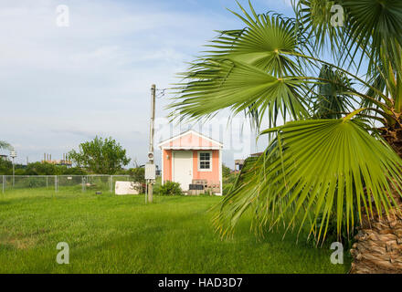 Stilt Houses and Beach, Bolivar Peninsula, TX. Crystal Beach is an Unincorporated community in the Bolivar Peninsula census-designated place, in Galveston County, Texas, United States. Stock Photo