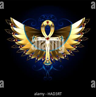 Golden Egyptian ankh with patterned, shiny wings on a black background. Magic symbol. Stock Vector