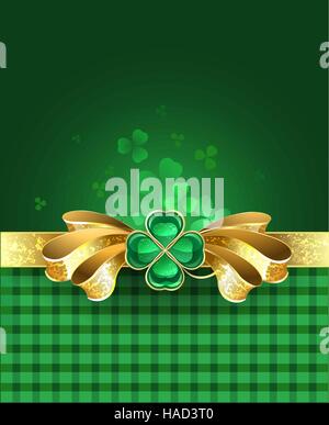 golden bow with a brooch in the form of a clover with four leaves on a green plaid background. Stock Vector