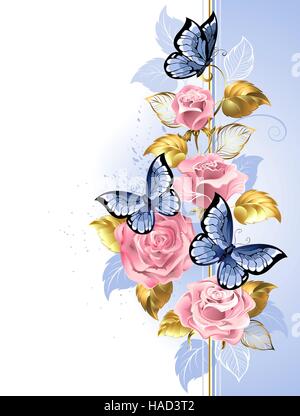 Design with pink, delicate roses, blue butterflies, gold and blue leaves on a light background. Design with roses. Stock Vector