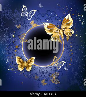 gold butterfly with gold round banner on blue textural background. Stock Vector