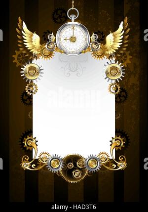 White banner with silver jewelry watches, gold wings, gold and brass gears on a dark, brown, striped background. Steampunk style.  Steampunk wings Stock Vector