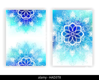 Colorful design with contoured mandala of peacock feathers on the shaded blue and green painted watercolor background. Design with feathers. Mandala o Stock Vector
