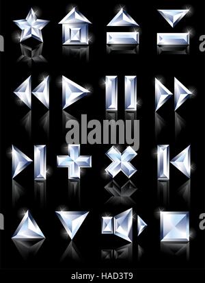 diamond cut multimedia icons on a black mirror background: pause, home, loading, plus, further, game Stock Vector