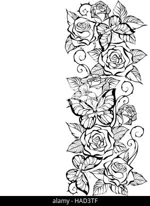 Border of the contour of roses and butterflies on a white background. Coloring book. Design with roses and butterflies. Stock Vector