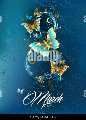 Eight of the luxury, jewelery butterflies on blue textural background. Stock Vector