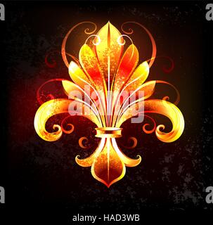 artistically painted fire fleur de lis on a black textural background. Stock Vector