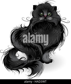 artistically painted , fluffy black cat of Persian breed , sits on a white background. Stock Vector