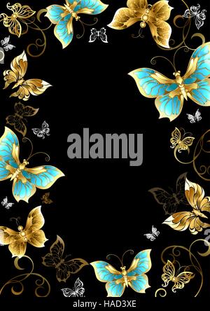 Frame with gold, jewels and butterflies on a black background. Design with butterflies. Golden Butterfly. Stock Vector