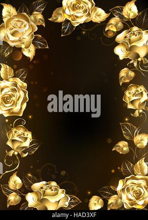 Frame with sparkling jewelry, gold roses on a black background. Gold rose. Stock Vector