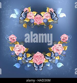 artistically painted the garland of roses, violets blue with blue butterflies on blue textural background. Design of roses. Stock Vector