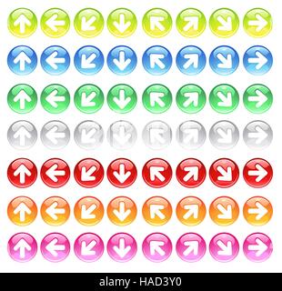 round computer icons of colored glass with carved symbols of the arrows. Stock Vector