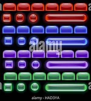 glowing computer icons: red, blue, green and purple on a black background. Stock Vector
