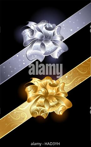 gold and silver, shiny bow on a dark background. Stock Vector