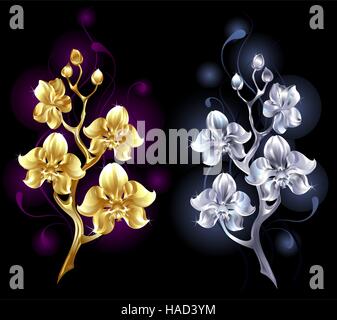 two shiny, jewelry orchids, gold and silver on a black background Stock Vector