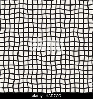 Wavy Hand Drawn Lines Square Grid. Vector Seamless Black and White Pattern. Stock Vector