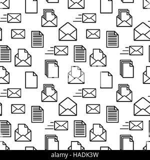 A lot of black icons of documents and envelopes on white, seamless pattern Stock Vector