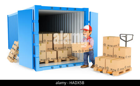 3d working people illustration. Worker loading or unloading a container. Isolated white background. Stock Photo