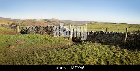 Panoramic view of  an old dry stone wall in rural setting, the Peak District, Derbyshire, England Stock Photo
