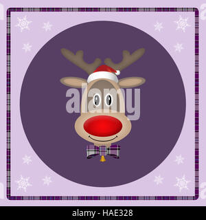 cute reindeer with santa hat on purple background, christmas card design Stock Photo