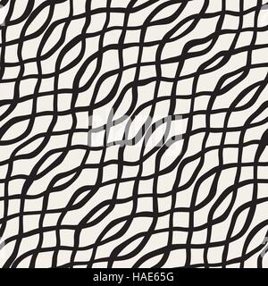Vector Seamless Black and White Hand Drawn Wavy Interlacing Lines Pattern Stock Vector