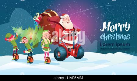 Santa Claus Elf Ride Electric Scooter Christmas Holiday Happy New Year Greeting Card Stock Vector