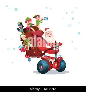 Santa Claus Elf Ride Electric Scooter Christmas Happy New Year Greeting Card Stock Vector