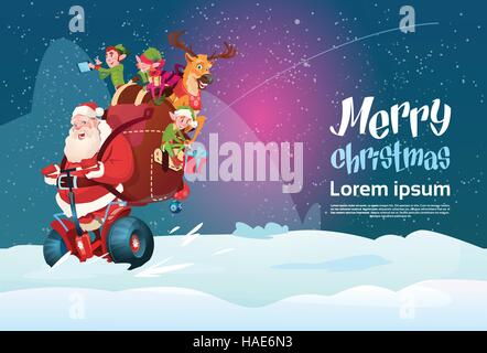 Santa Claus Elf Deer Ride Electric Scooter Christmas Holiday Happy New Year Greeting Card Stock Vector