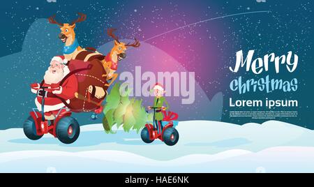 Santa Claus Elf Deer Ride Electric Scooter Christmas Holiday Happy New Year Greeting Card Stock Vector