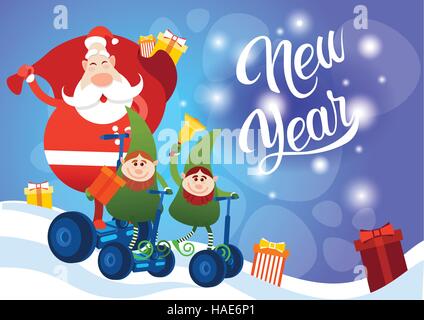 Santa Claus Elf Ride Electric Scooter Christmas Holiday Happy New Year Greeting Card Stock Vector