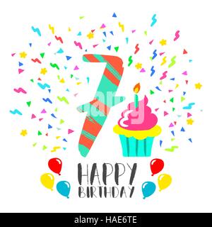 Happy birthday number 7, greeting card for seven year in fun art style with party confetti and cake. Anniversary invitation, congratulations or celebr Stock Vector