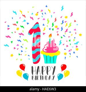 Happy birthday number 1, greeting card for one year in fun art style with party confetti and cake. Anniversary invitation, congratulations Stock Vector