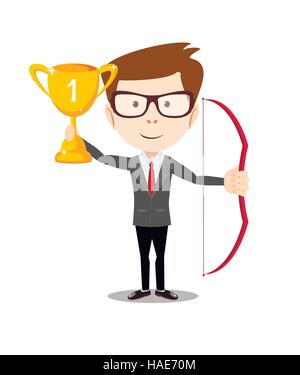 business man proudly standing , holding up winning trophy and bow. Stock Vector