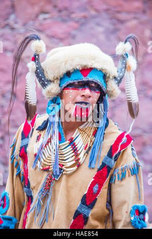 Native American with traditional costume participates at the festival of Valle del Maiz in San Miguel de Allende ,Mexico. Stock Photo