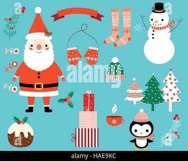 Christmas vector characters and design elements set in cartoon style - Santa Claus, penguin, snowman, trees, presents, stocking, mittens, holly Stock Vector