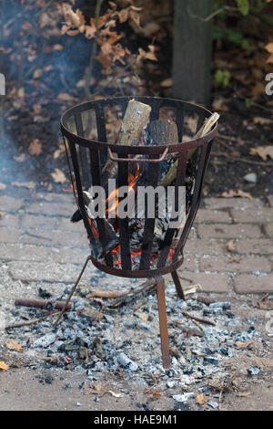 outdoor fire pit with burning wood and ash on the ground Stock Photo