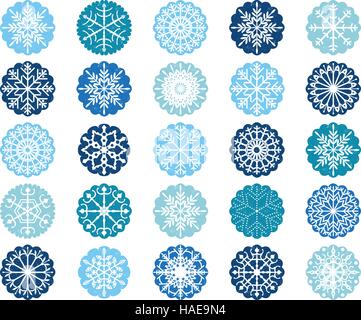 White snowflake ornaments in blue scalloped circles for Christmas decoration Stock Vector