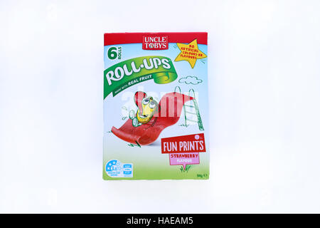 Australian Uncle Toby's Fun Print Strawberry Roll Ups isolated against white background Stock Photo