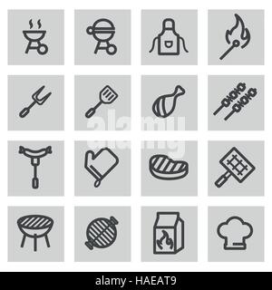 Vector line barbecue icons set on grey background Stock Vector