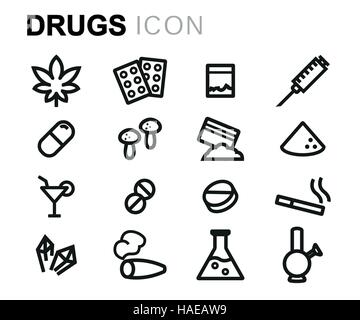 Drugs icons set. Marijuana narcotic, addiction and capsule, smoke Stock ...