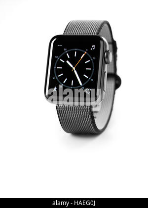 Apple Watch series 2 smartwatch with analog clock dial on its display isolated on white background Stock Photo