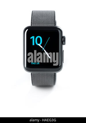 Apple Watch smartwatch with analog clock on display front view isolated on white background Stock Photo