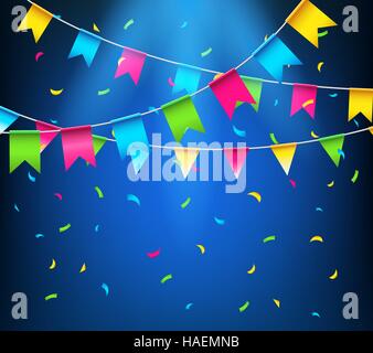 Multicolored bright buntings garlands. Celebrate banner. Party flags with confetti Stock Vector
