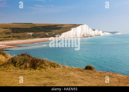 The Seven Sisters Chalk cliffs seen from Seaford Head South Downs East Sussex England UK Stock Photo