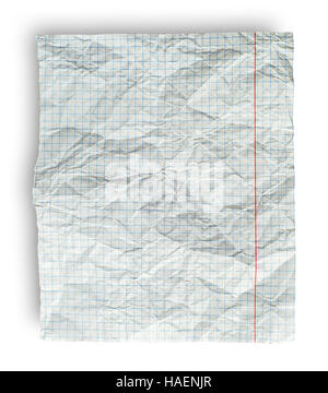 Rumpled page from school notebook into the cell isolated on white background Stock Photo