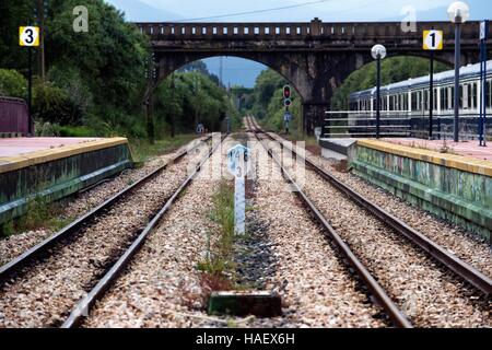 Outside of Transcantabrico Gran Lujo luxury train travellong across northern Spain, Europe. Stoped at Ribadeo station, Galicia, Spain. Stock Photo