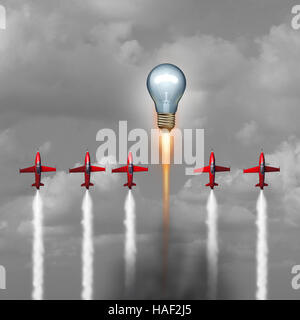 Great idea concept as a group of jet airplanes flying upward with a lightbulb blasting above the competition with a rocket engine as a powerful creati Stock Photo